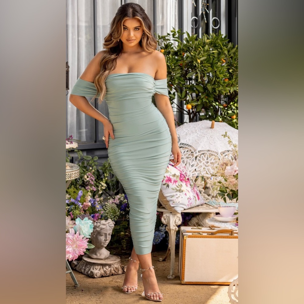 SAGE BARDOT RUCHED DRAPED MIDI DRESS
